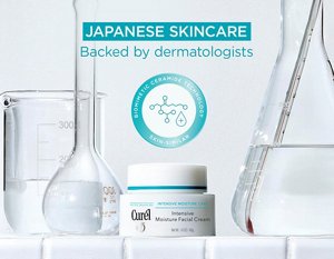 The Curél Intensive Moisture Facial Cream surrounded by chemistry glass beakers, and a roundel showing Curél Biomimetic Ceramide Technology